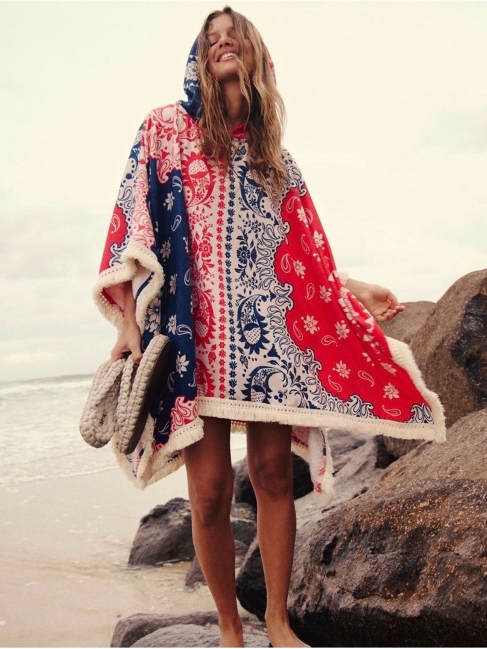 Agua Bendita Delilah Hooded Beach Poncho in Red, Navy & Cream
